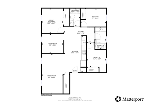 A floor plan of a house with a living room, kitchen, and two bedrooms.